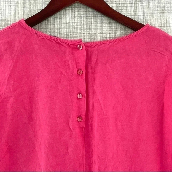 Context Linen Round neck Pink 1/4 button back Short Sleeve Ruffle Blouse 8216/6 - Picture 6 of 9